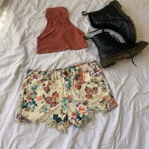 Free People Floral Denim High Waisted Shorts